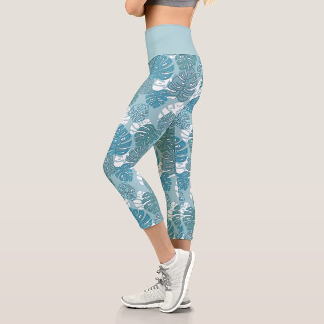 Leggings Capri Monstre Bleu Feuille Plante Botanique Motif (Gauche)