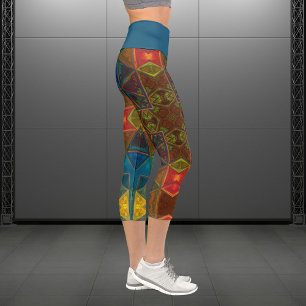 Leggings Capri Mosaic Kaleidoscope Carré Bleu Rouge et Jambe vert