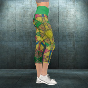 Leggings Capri Mosaic Kaleidoscope Fleur vert jaune et rouge Le