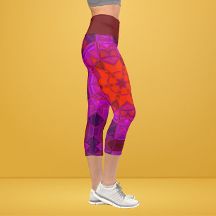 Leggings Capri Mosaic Kaleidoscope Fleur violet rose et jambe rou