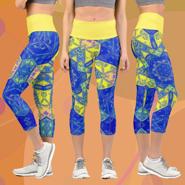 Leggings Capri Mosaic Mandala bleu et jaune (Créateur téléchargé)