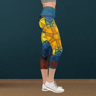 Leggings Capri Mosaic Mandala Fleur Jaune Bleu et Rouge