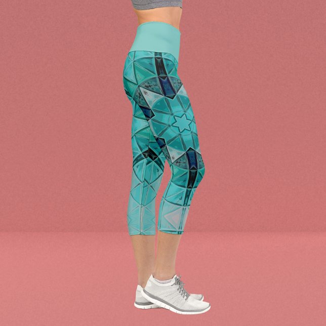 Leggings Capri Mosaic Mandala Flower bleu et blanc (Créateur téléchargé)