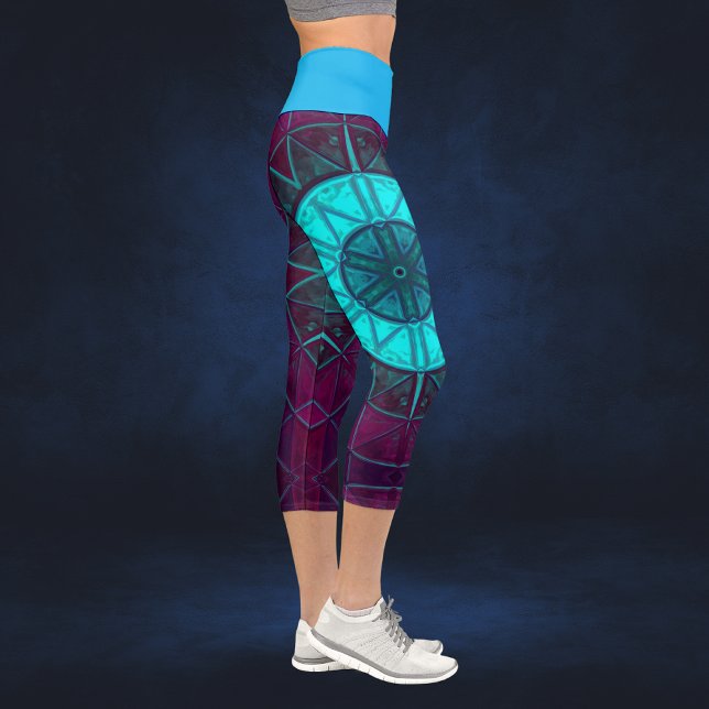 Leggings Capri Mosaic Mandala Flower bleu et violet (Créateur téléchargé)
