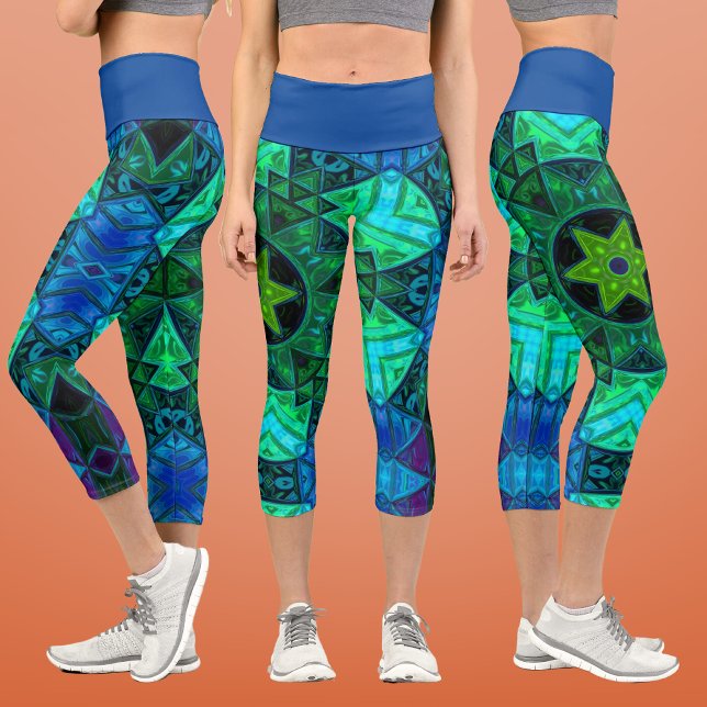Leggings Capri Mosaic Mandala Vert et Bleu (Créateur téléchargé)