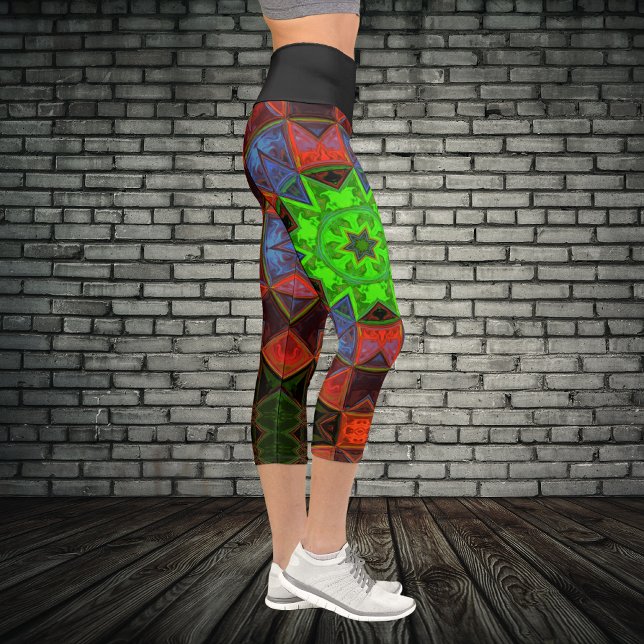 Leggings Capri Mosaïque Kaleidoscope Fleur Vert Bleu et Jambe Rou (Créateur téléchargé)