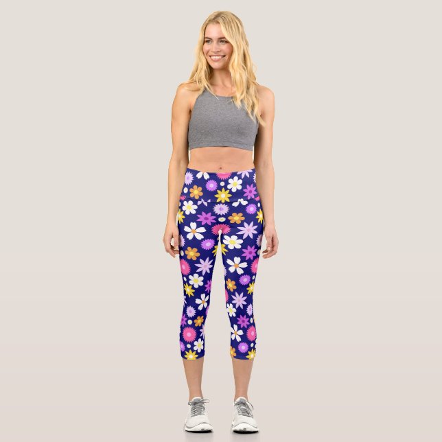 Leggings Capri Motif à fleurs de style les années 70 rétro sur bl (Recto)