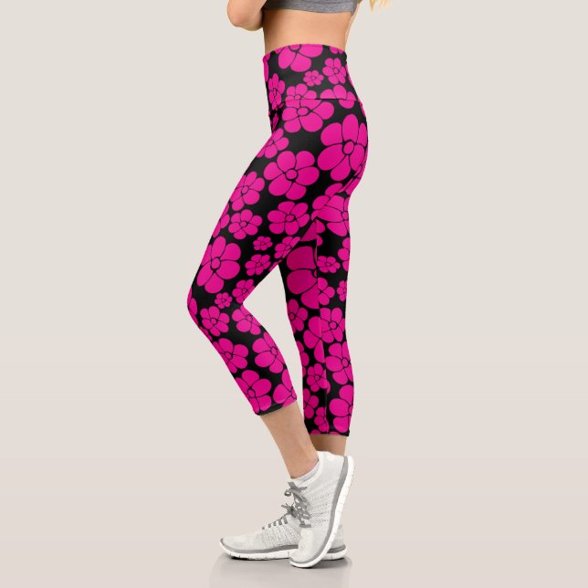 Leggings Capri Motif à fleurs - Magenta et noir (Gauche)