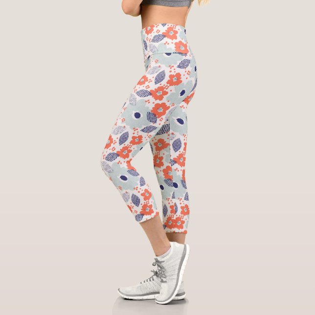 Leggings Capri Motif à fleurs moderne orange et bleu (Gauche)