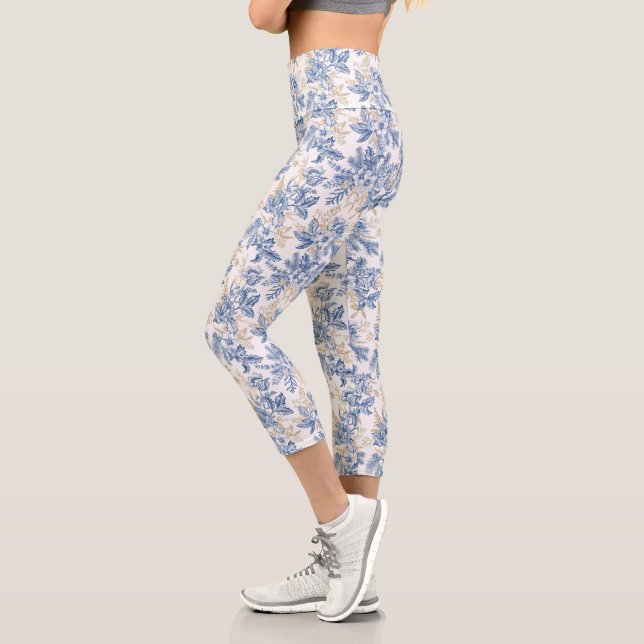 Leggings Capri Motif à fleurs Vintage d'hiver bleu (Gauche)