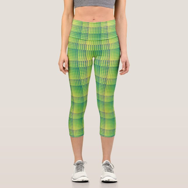Leggings Capri Motif Abstrait à Damier Vert Bleu (Recto)