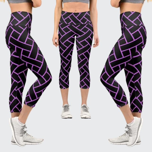 Leggings Capri Motif Abstrait mignon, noir, violet rayé (Créateur téléchargé)