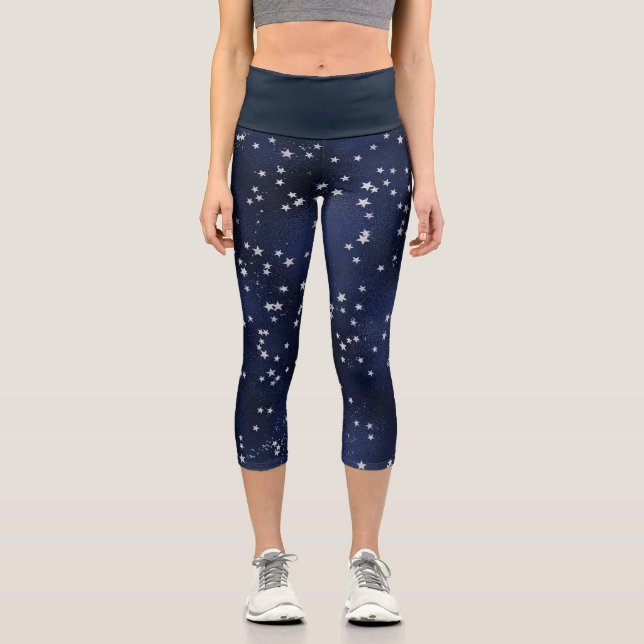 Leggings Capri Motif bleu profond avec étoiles argentées  (Recto)