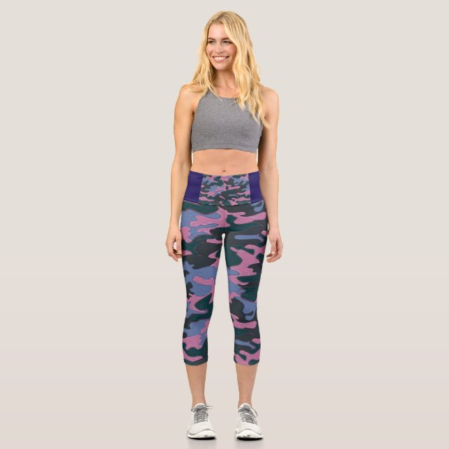 Leggings Capri Motif camouflage bleu vert rose  (Recto)