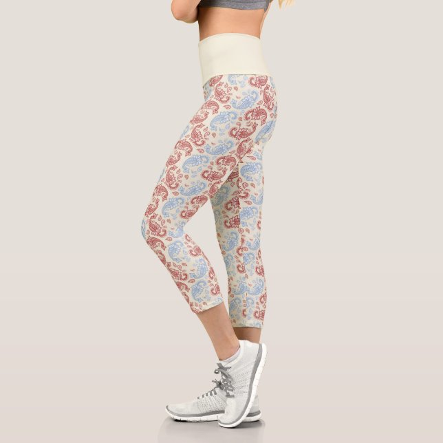 Leggings Capri Motif crème-rouge-bleu marguerite à haut taille Ca (Gauche)