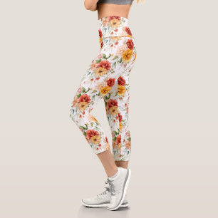 Leggings Capri Motif de bouquet de fleurs Red Peony