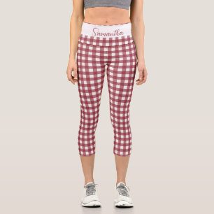Leggings Capri Motif de chèques rouges et blancs personnalisables