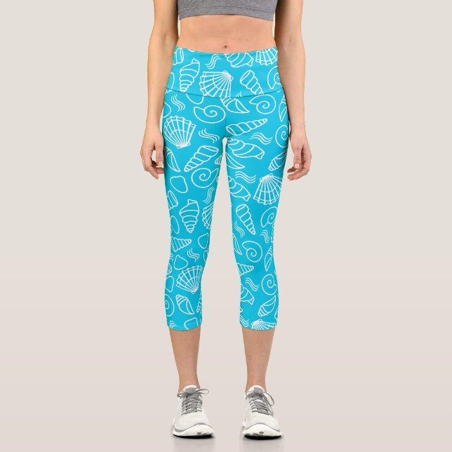 Leggings Capri Motif de coquillages sur Bleu Bleu (Recto)