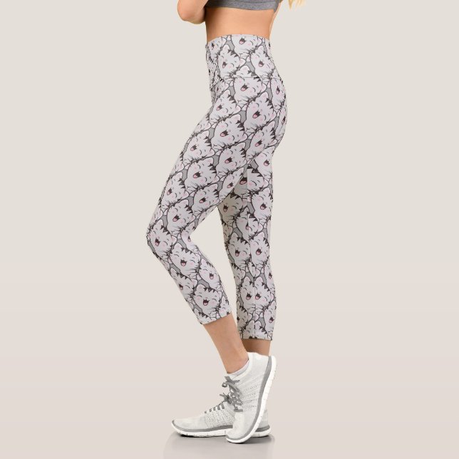 Leggings Capri Motif de dessin animé de visage de chat tabby gris (Gauche)