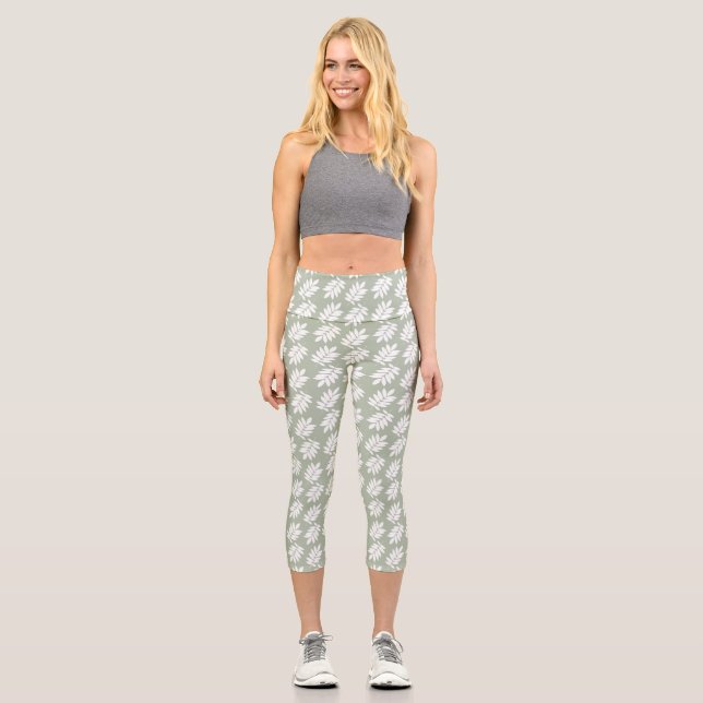 Leggings Capri Motif de feuille d'aîné blanc sur vert (Recto)