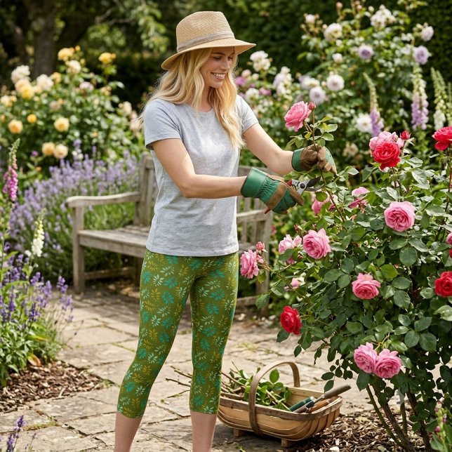 Leggings Capri Motif de feuille sur vert olive (
Capri Styled for movement.  Perfect for garden mornings and rose-picking afternoons)