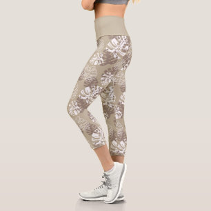 Leggings Capri Motif de feuilles de monstre botanique brun clair