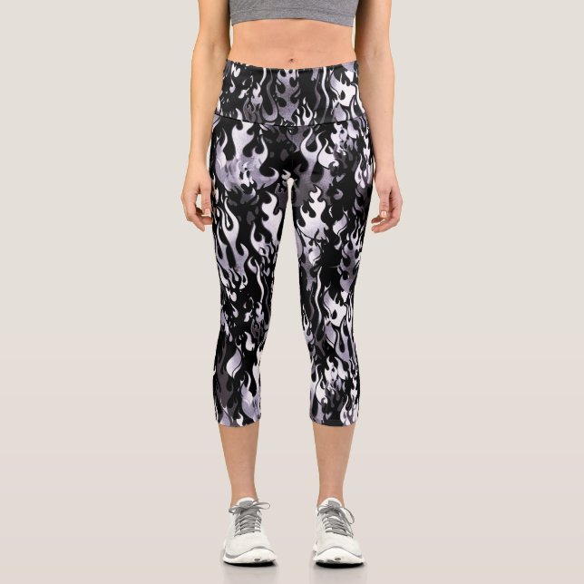 Leggings Capri Motif de flamme noir et blanc (Recto)