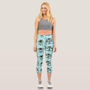 Leggings Capri Motif de fleur conique bleu ciel et brun chocolat