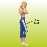 Leggings Capri Motif de golf moderne chic texte marine<br><div class="desc">Des leggings amusants en bleu marine pour un golfeur passionné. Le motif géométrique audacieux à la base des jambes est créé à partir de clubs de golf et de balles de golf sur un arrière - plan bleu marine. Le texte sur le côté de chaque jambe est dans la marine...</div>