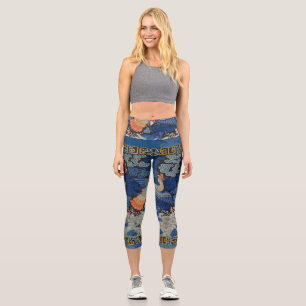 Leggings Capri Motif de grue chinoise vintage : bleu impérial
