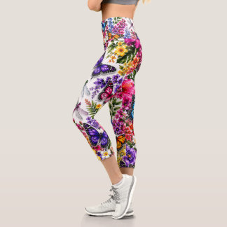 Leggings Capri Motif de jardin floral papillon tropical coloré