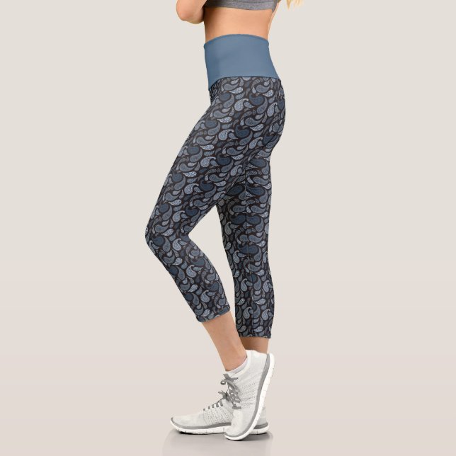 Leggings Capri Motif de marguerite bleu foncé Capris haut taille (Gauche)