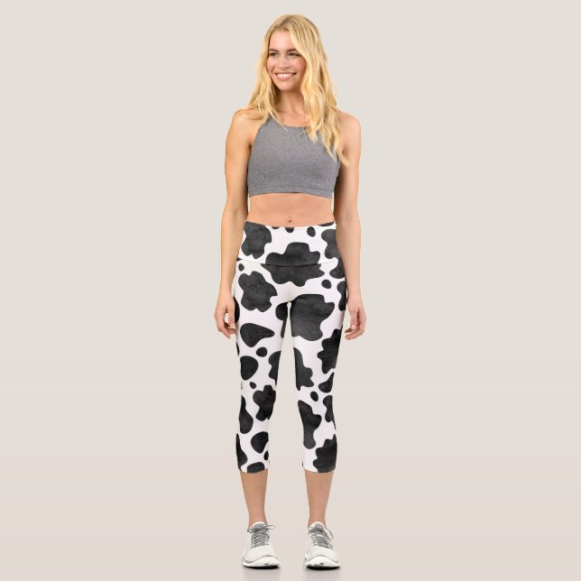 Leggings Capri Motif de points de vache Poster de animal noir et  (Recto)