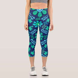Leggings Capri Motif de symbole floral et solaire de style rétro 