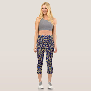 Leggings Capri Motif d'élégance florale bleu royal et or