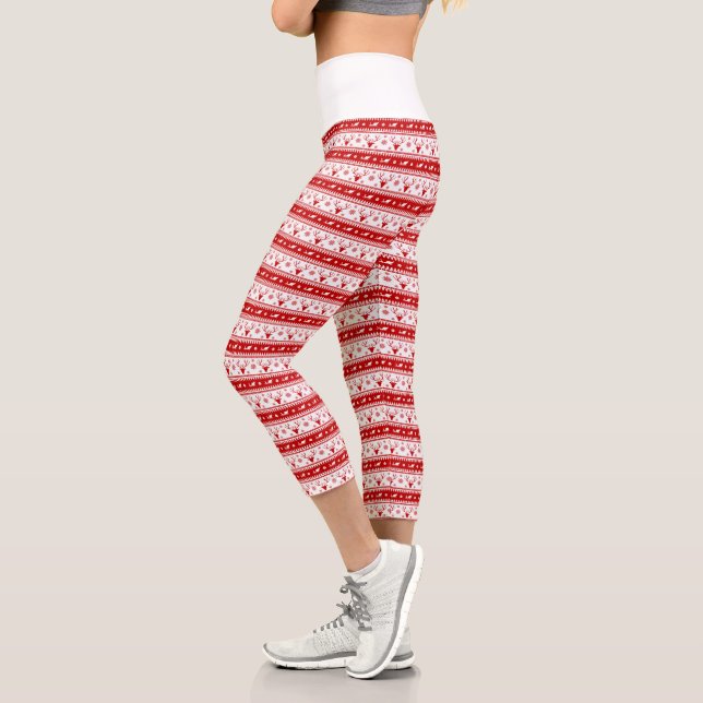 Leggings Capri Motif des têtes de cerfs de Noël blanc et rouge (Gauche)