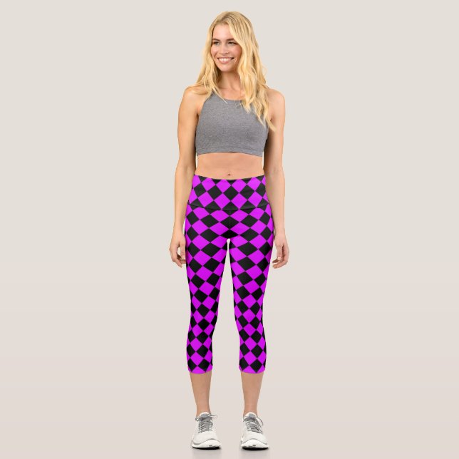 Leggings Capri Motif Diamond de damier noir violet (Recto)