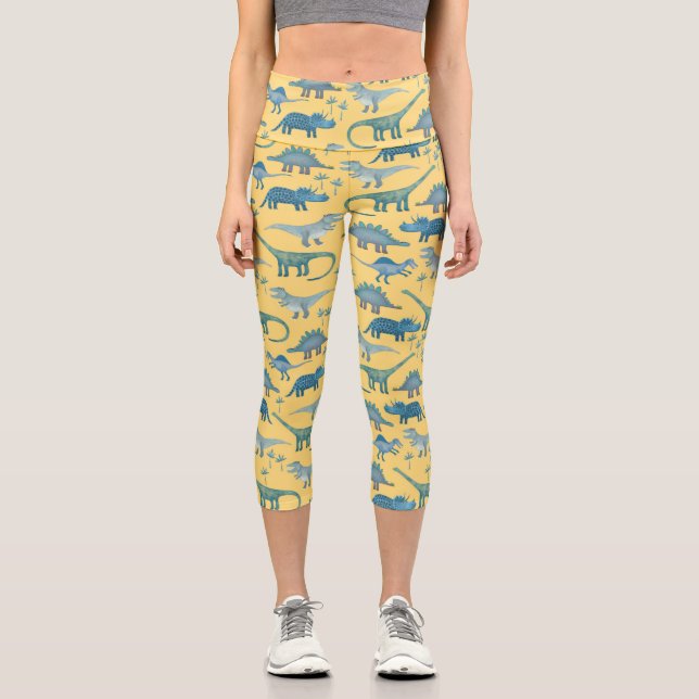 Leggings Capri Motif Dinosaur mignon sur Jaune (Recto)