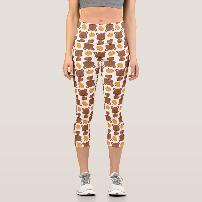 Leggings Capri Motif D'Ours, Ours Mignons, Automne, Citrouille (Recto)
