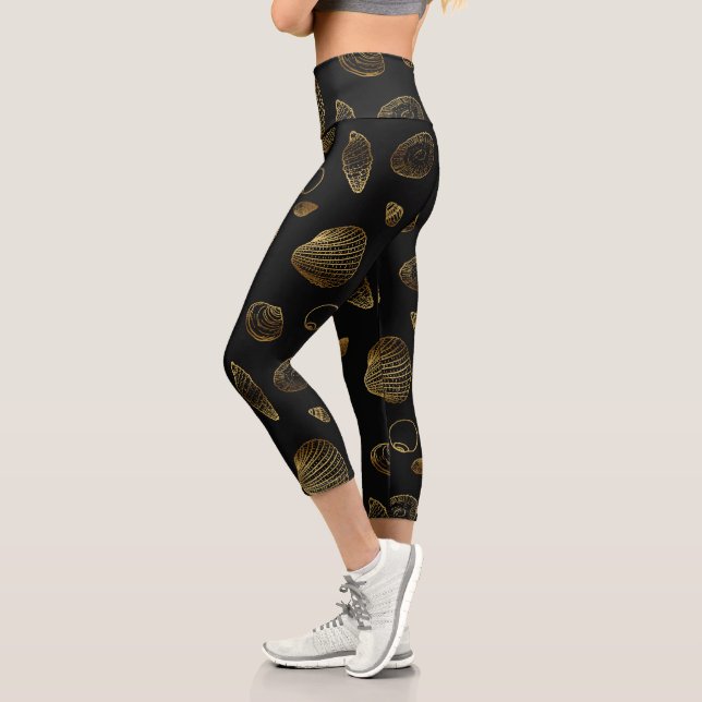 Leggings Capri Motif élégant Black Gold Seashells (Gauche)
