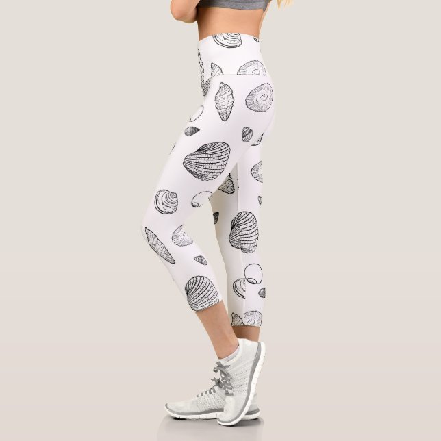 Leggings Capri Motif élégant Black White Seashells (Gauche)