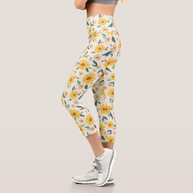 Leggings Capri Motif Fleur de marguerite jaune (Gauche)