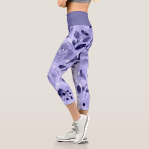Leggings Capri Motif Fleurs Roses Lavande Violette Aquarelle