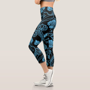 Leggings Capri Motif floral antique noir sur bleu