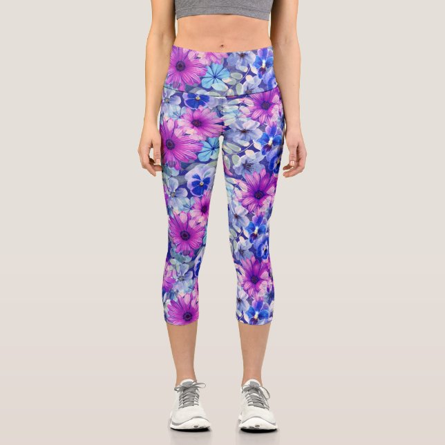 Leggings Capri Motif Floral bleu magenta rose (Recto)
