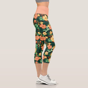 Leggings Capri Motif floral de fleurs tropicales orange et vert