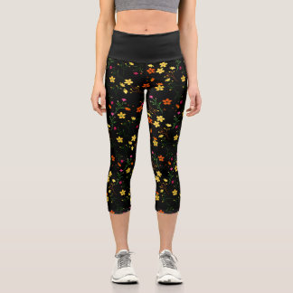 Leggings Capri Motif floral éclatant coloré sur base noire