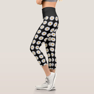 Leggings Capri Motif floral marguerrier blanc sur noir