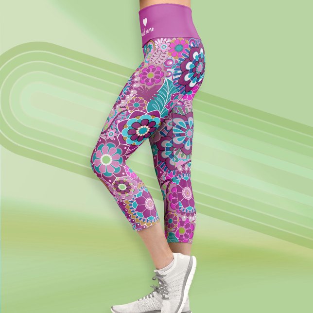 Leggings Capri Motif floral rétro funky avec nom - bleu violet (Custom Leggings)