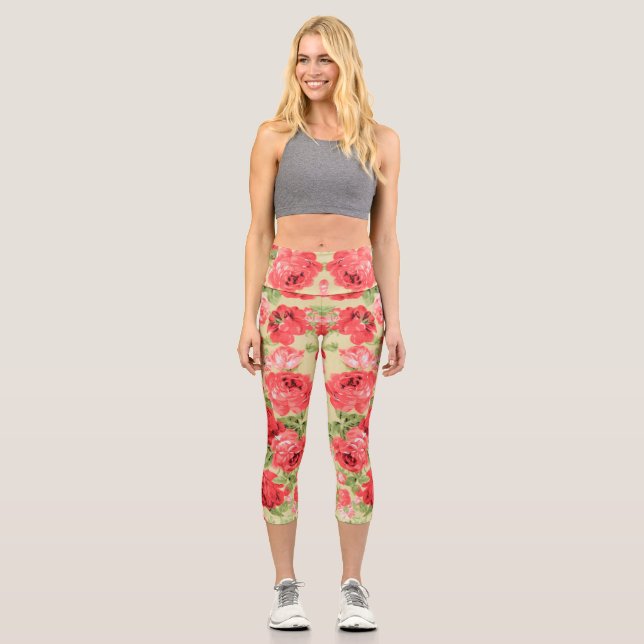 Leggings Capri motif floral rose et feuille (Recto)